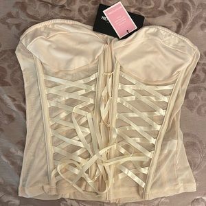 PLT Cream Mesh Lace Tie Front Detail Structured Corset